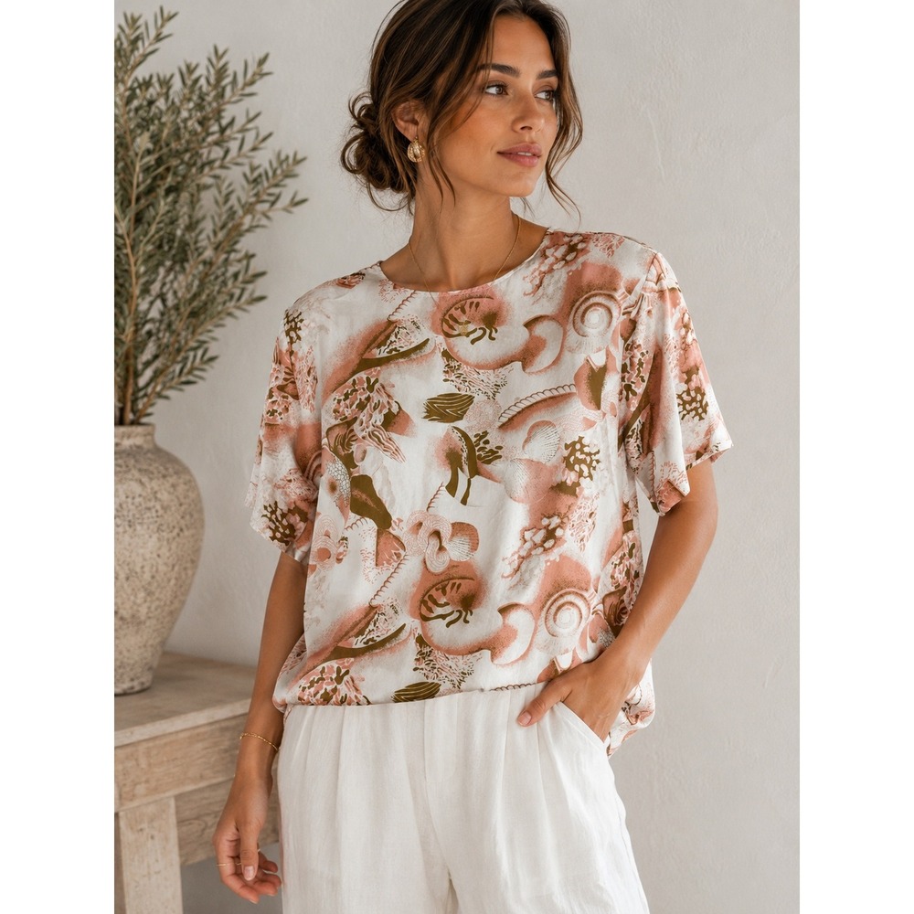 100% Silk Abstract Seashell Coral Print Coastal Resort Blouse Large Anne Alysar